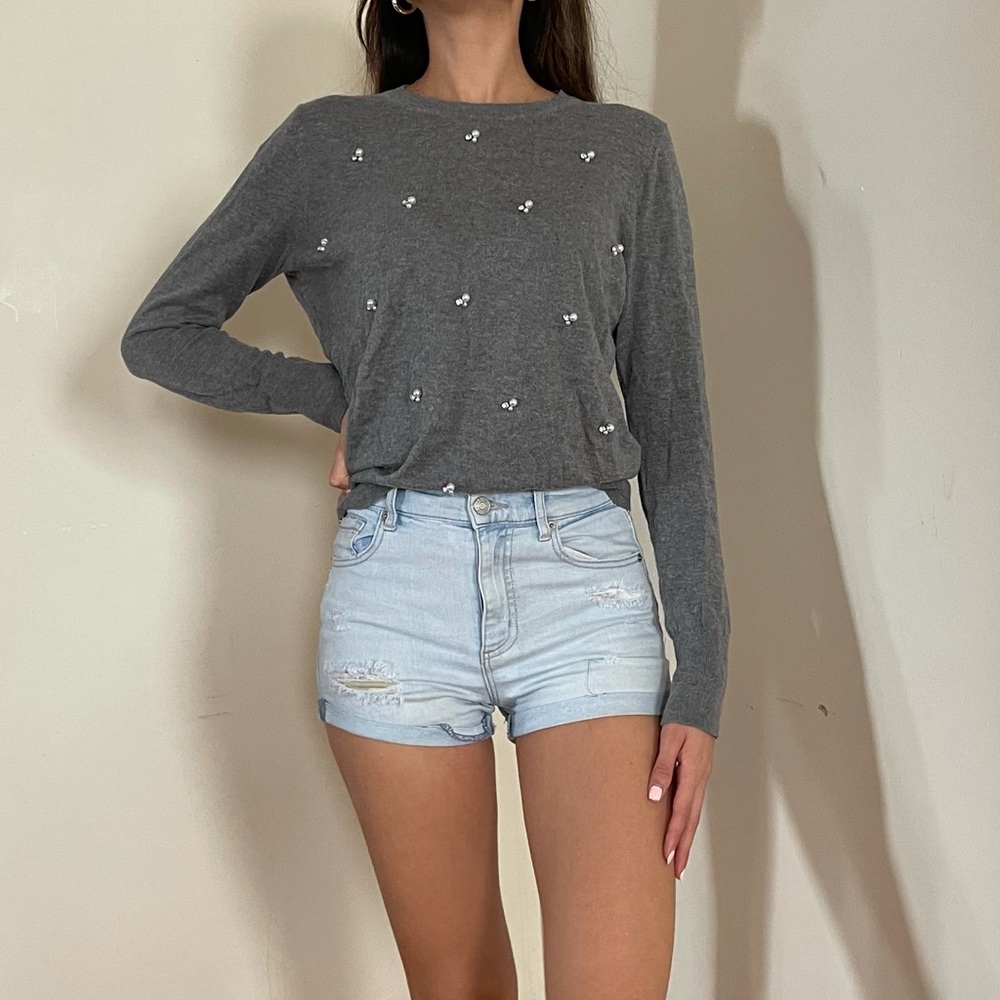 Ann Taylor Grey Sweater with Pearl Detail, size M